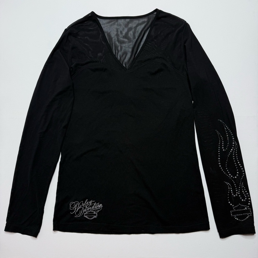 Harley Davidson Santa Maria Y2K Bling Rhinestone Mesh V Neck Long Sleeve Top